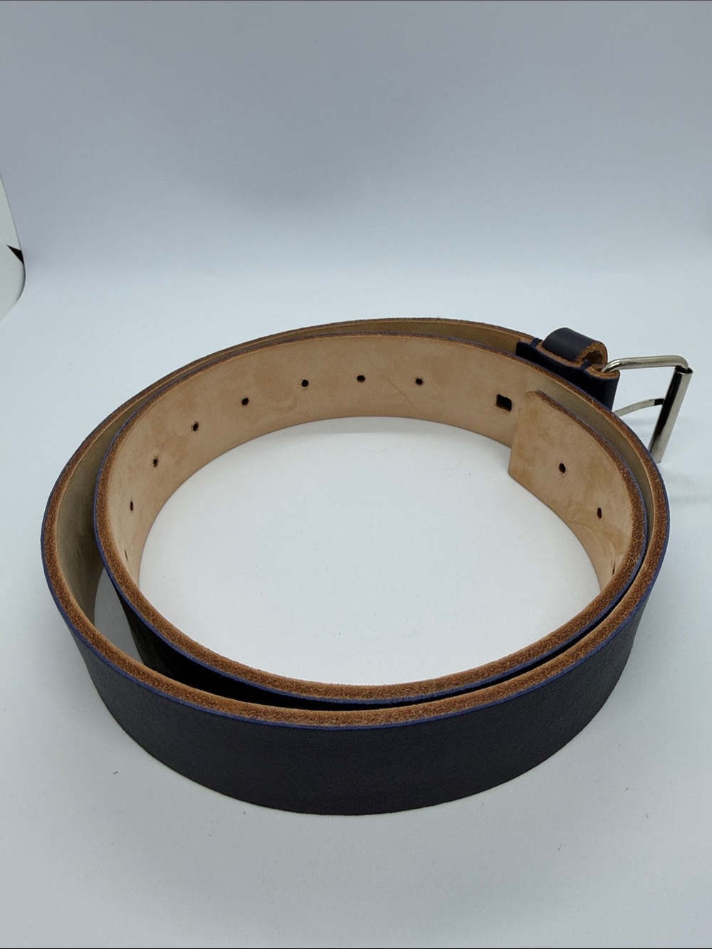 Vera Pelle Navy Leather Belt with Silver Buckle and Natural Lining - Picture 3 of 6